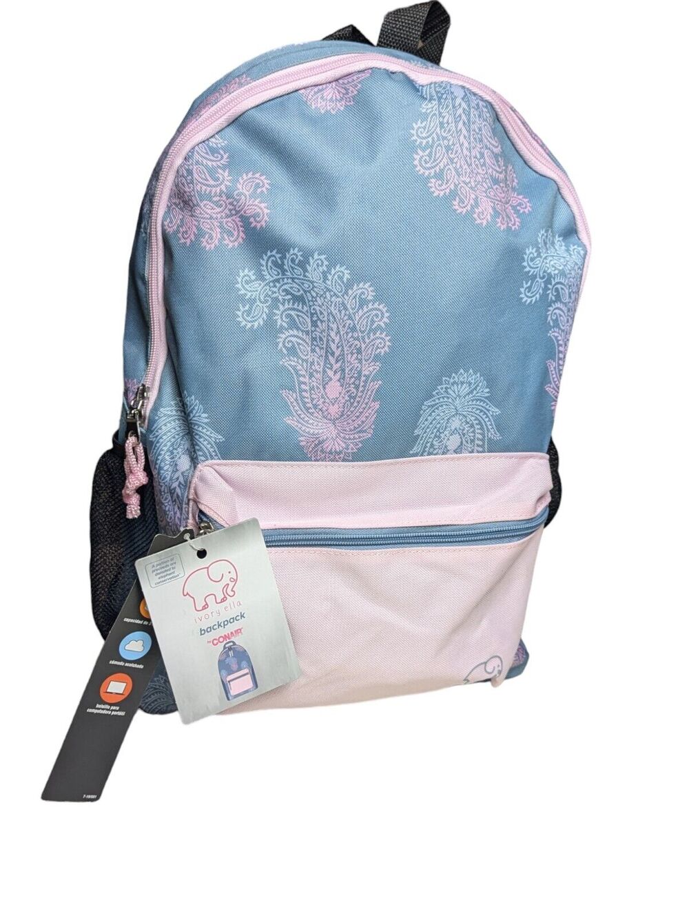 Ivory Ella by Conair Backpack Lovey Paisley Print Slate Blue and Pink New